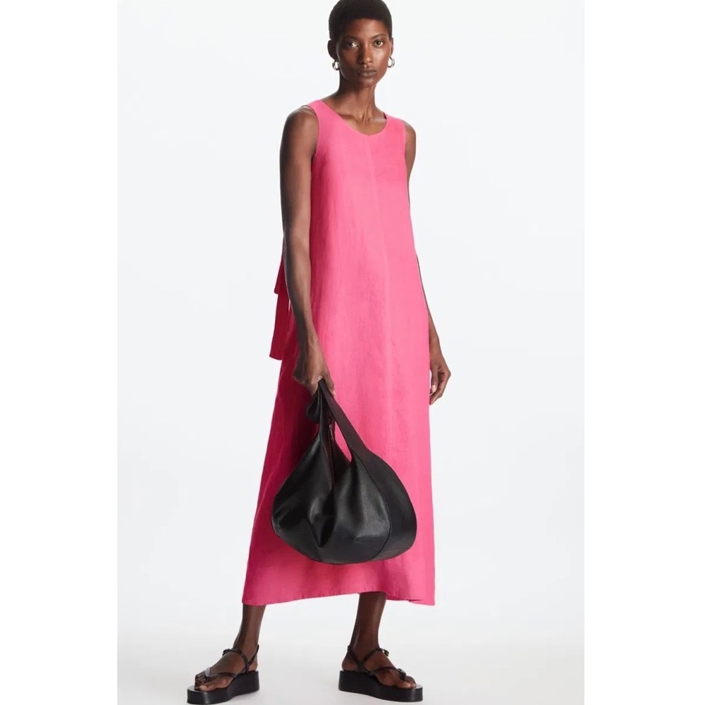 COS Linen Oversized Maxi Dress Tie Back Bow Womens Size S Fuschia Scandi Resort